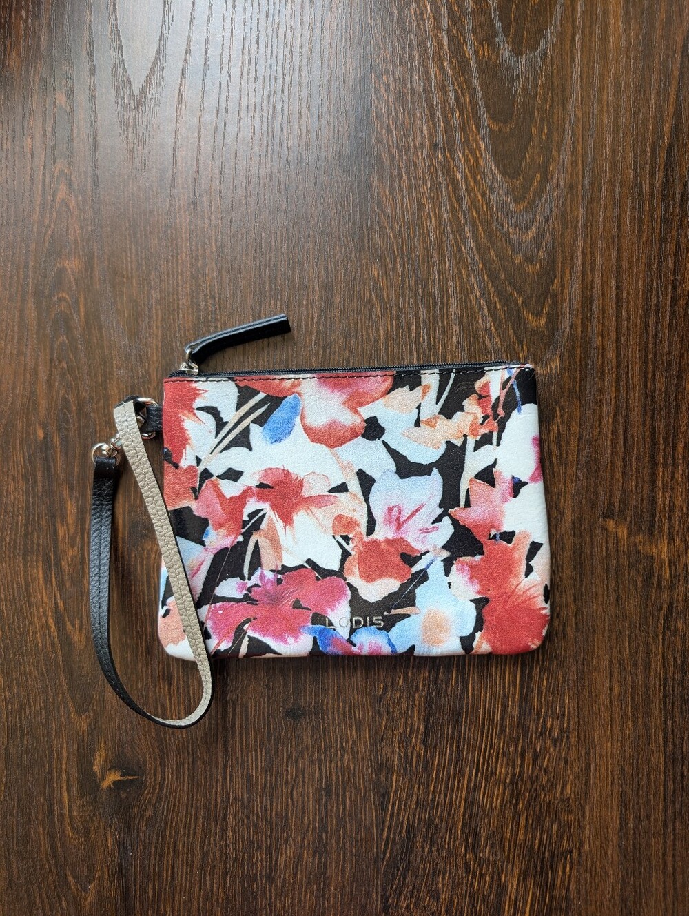 Lodis Small Black Pink Floral Leather Wristlet Purse Bag Pouch
